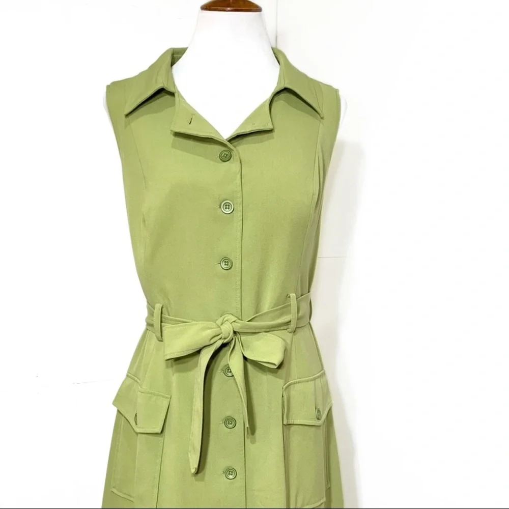 SOLD-Modcloth Buttondown Belted Olive Green Sleeveless Shirtdress - Picture 7 of 12